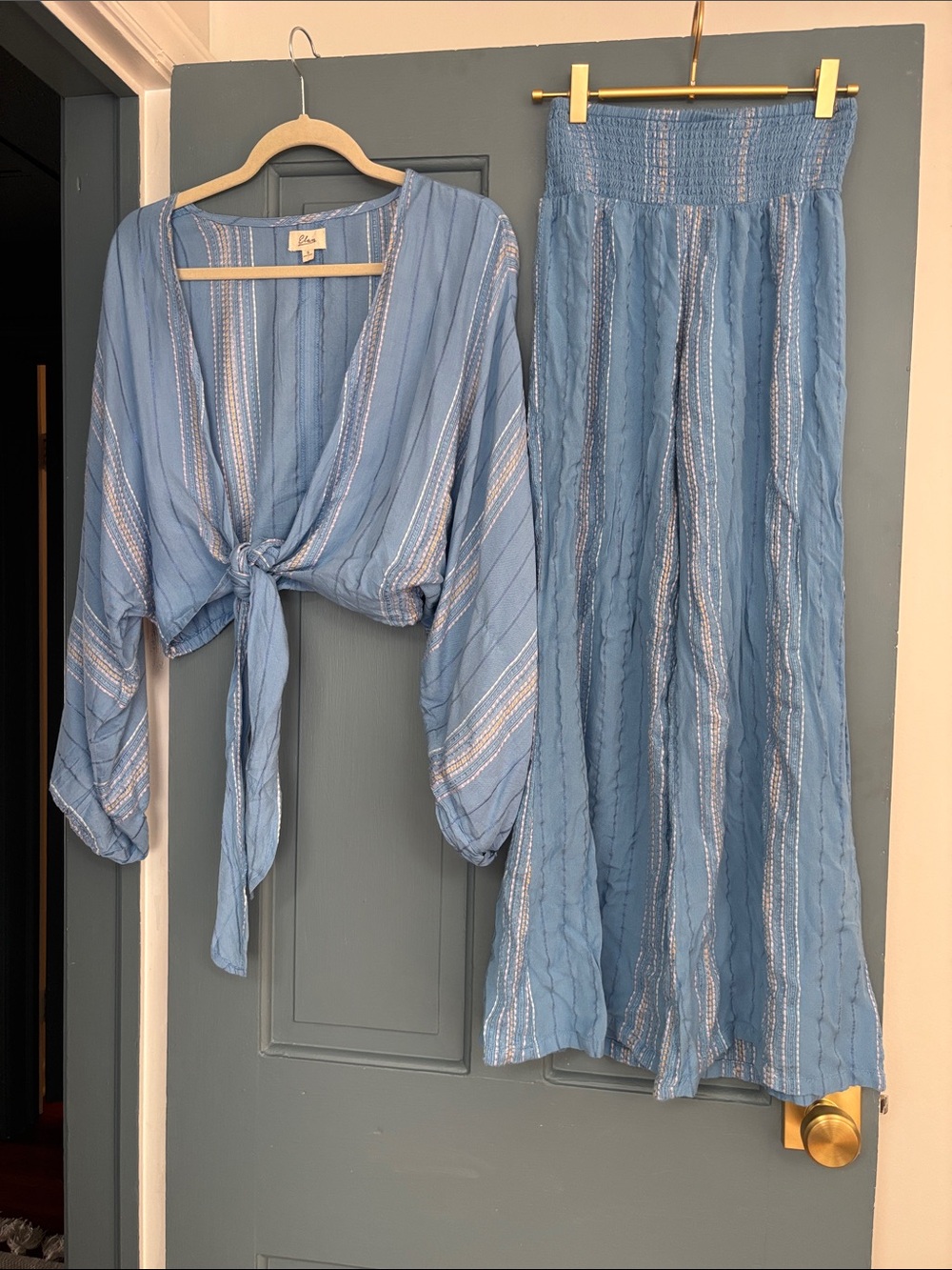 Elan Dusty Blue Striped Wide-Leg Jumpsuit Set